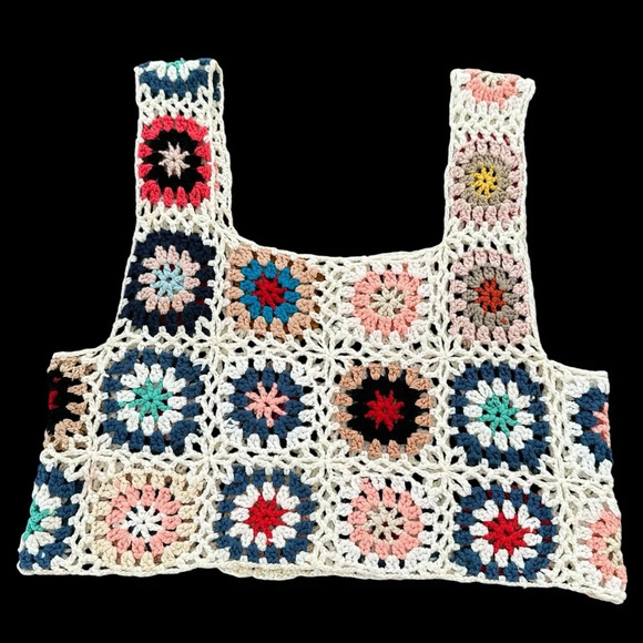 Handmade Granny Square Crochet Cropped  Tank Top Vest Small Medium Boho Cream - Picture 2 of 4